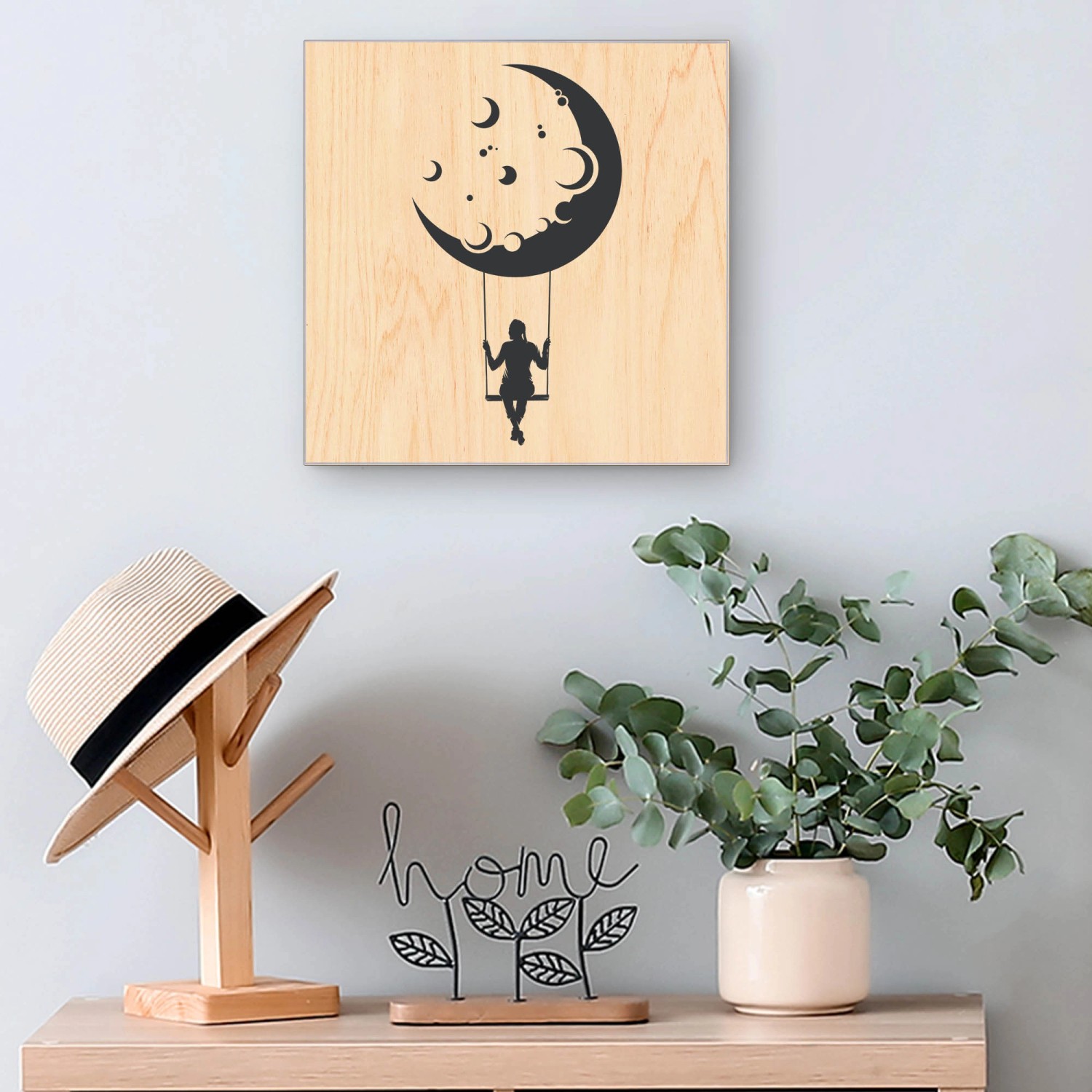 Banjado Schlüsselkasten Holz, 30x30cm, Motiv Mondschaukel, 50 Haken, Scharnier rechts.