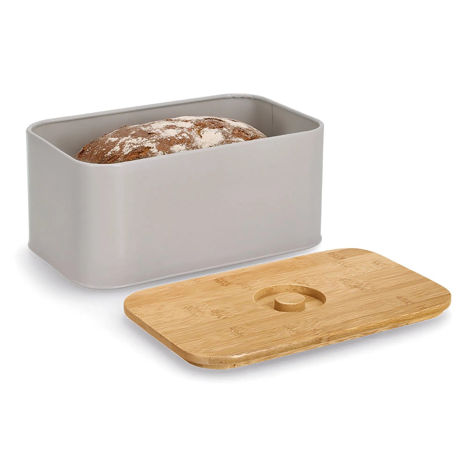 Beiger Zeller Brotkasten aus Metall mit Bambusdeckel und Brot