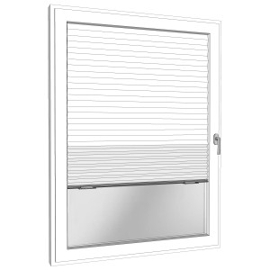 Anthrazitfarbenes Klebeplissee 90x190 cm im Fensterrahmen, teilweise geöffnet.