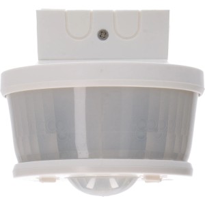 Weißer LED Bewegungsmelder 270° für Wand, Decke oder Ecke, IP44 spritzwassergeschützt.