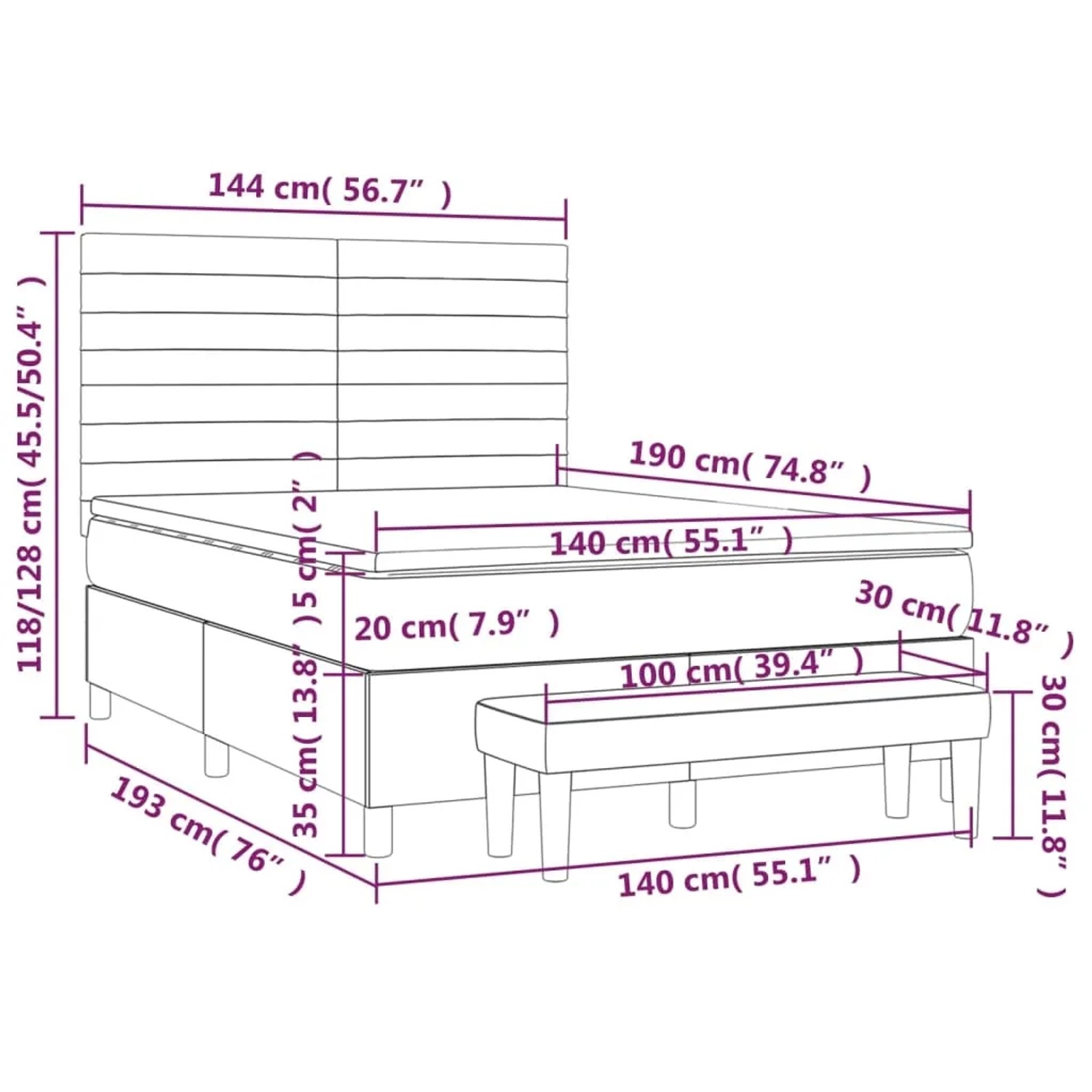 vidaXL Boxspringbett dunkelbraun (140x190 cm) mit Matratze und Bank. Bett mit Maßen.