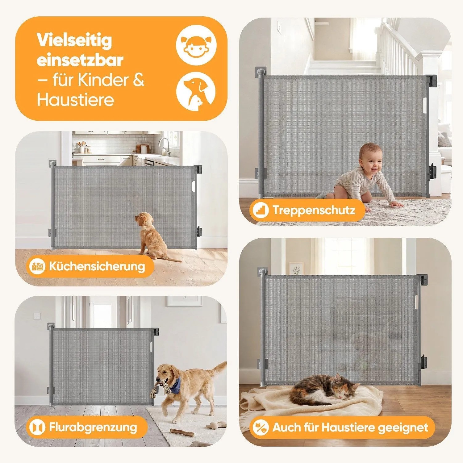Graues Sekey Treppenschutzgitter, ausziehbar, für Kinder & Hunde in Küche, Treppe, Flur, ohne Bohren.
