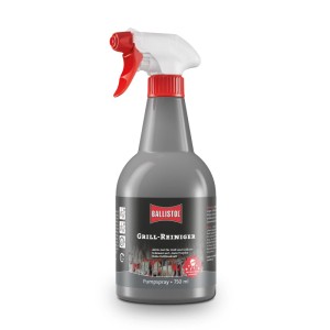 Graue Ballistol Grillreiniger Pumpspray Flasche, 750 ml, mit weiß-rotem Sprühkopf für effektive Grillrost-Reinigung.