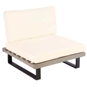 Niedriger MCW Lounge-Sessel H54 mit grauem Akazienholz-Gestell, schwarzen Aluminiumbeinen und cremefarbenen Polstern.
