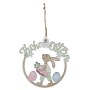 Osterdeko Türhänger aus Holz mit Hase, Möhre und "Frohe Ostern" Schriftzug in Pastellfarben.