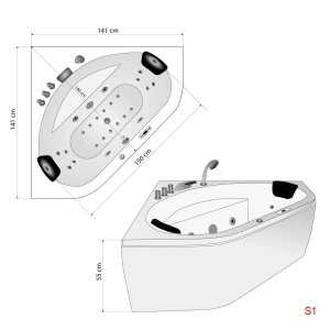 Skizze einer AcquaVapore Eck-Badewanne W20 140x140 mit Farblicht, Armaturen und Handbrause.