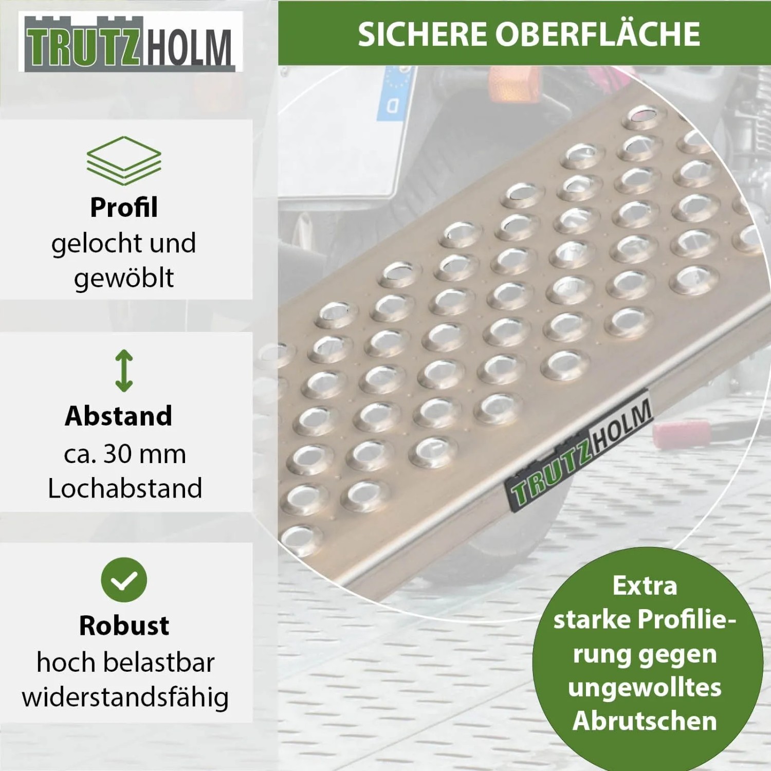 TRUTZHOLM Auffahrrampe, leichte Ausführung, 200x21,5 cm, 200kg, grau, gelochte Oberfläche für sicheren Halt.