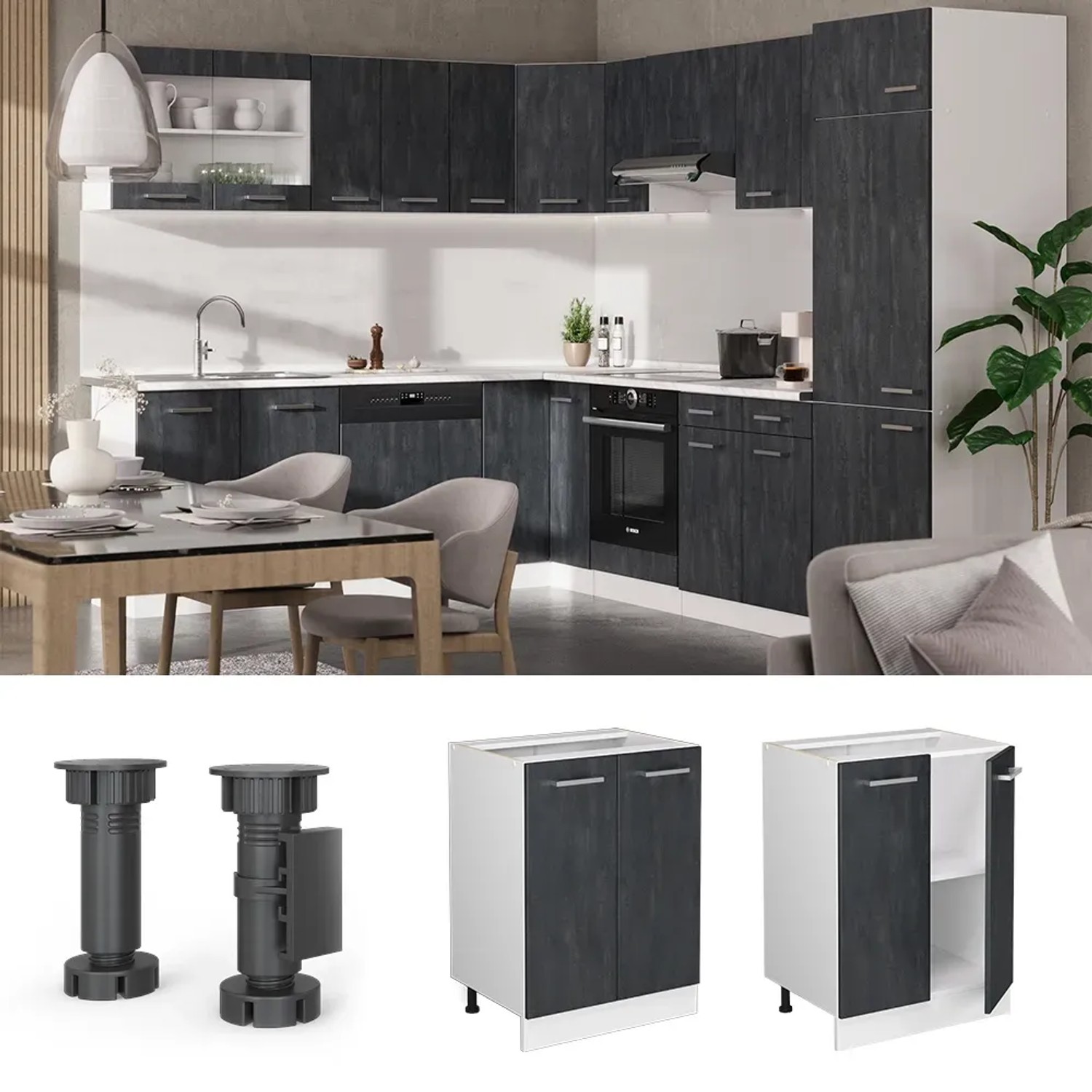 Vicco Küchenunterschrank R-Line, Schwarz Beton/Weiß mit Marmor Arbeitsplatte, 60 cm. Küchenkommode für mehr Stauraum.