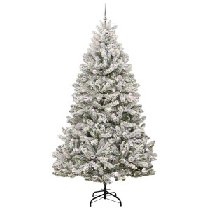 Künstlicher, weiß-grüner Weihnachtsbaum (270 cm) mit LED-Lichtern und rosa Kugeln.