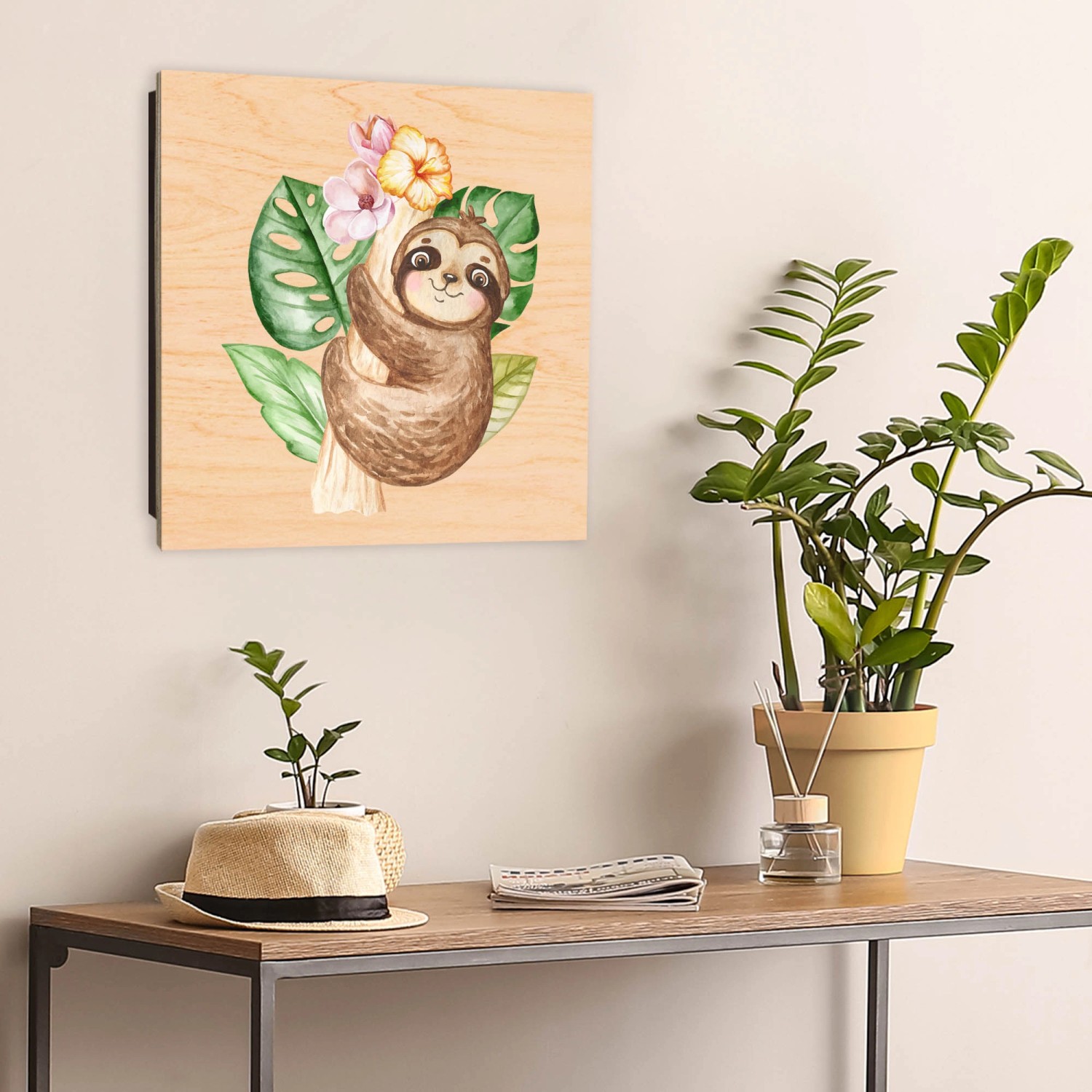 Schwarzer Schlüsselkasten aus Holz (30x30cm) mit Faultier-Motiv und 50 Haken zur Schlüsselaufbewahrung.