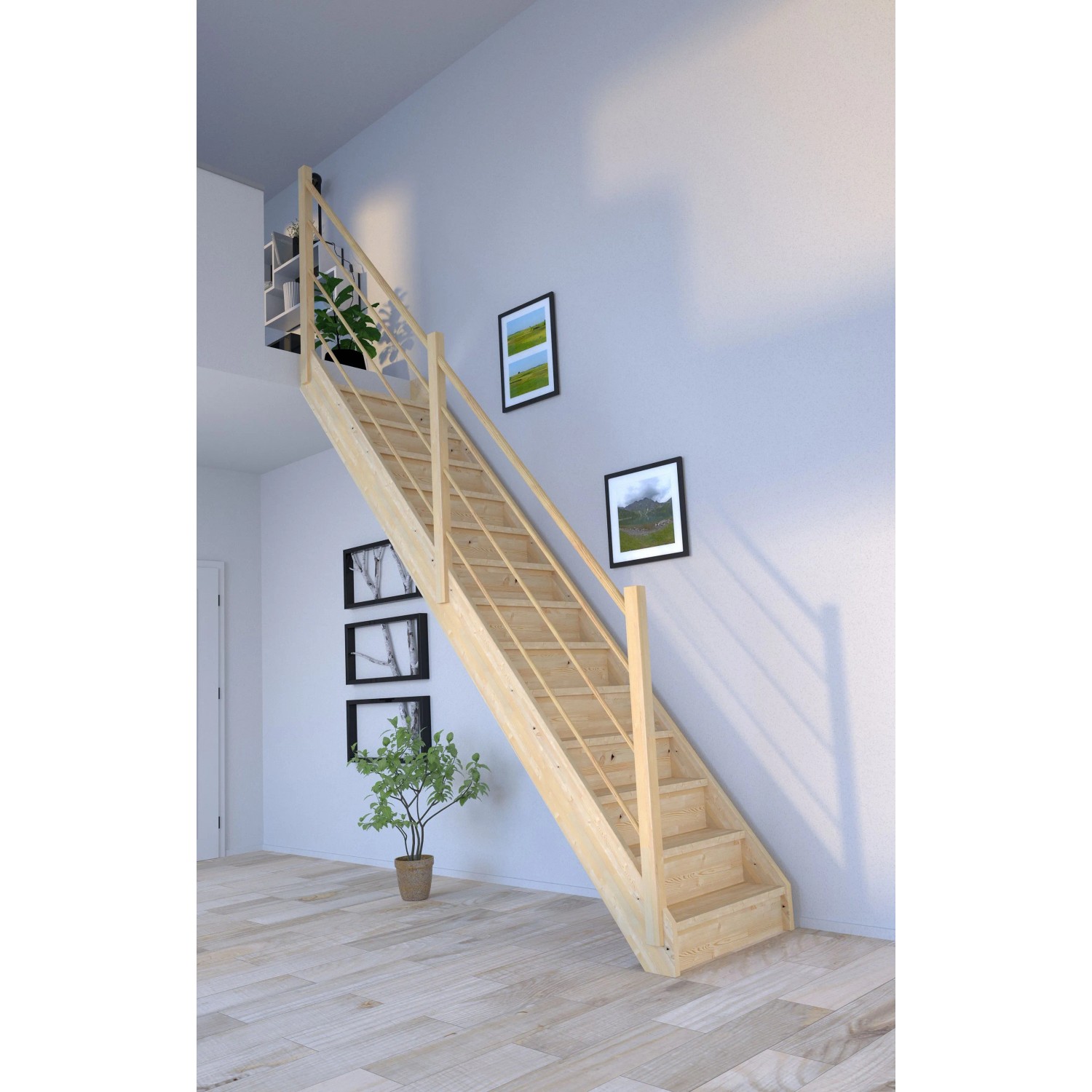 StarWood Treppe Korfu Fichte, gerade, mit Holz-Design-Geländer links im Raum.