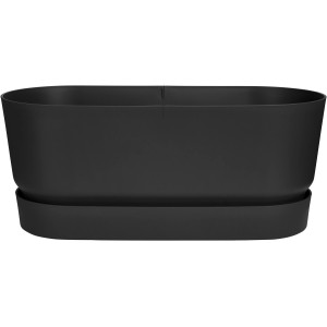 Schwarzer Elho Greenville Blumenkasten 80 mit Rollen, aus recyceltem Kunststoff.