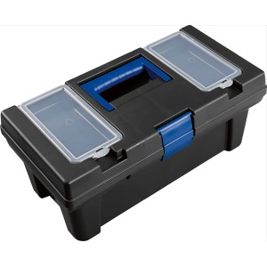 Schwarzer LUX Werkzeugkoffer mit blauem Griff und transparenten Organizer-Fächern im Deckel.