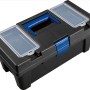 Schwarzer LUX Werkzeugkoffer mit blauem Griff und transparenten Organizer-Fächern im Deckel.