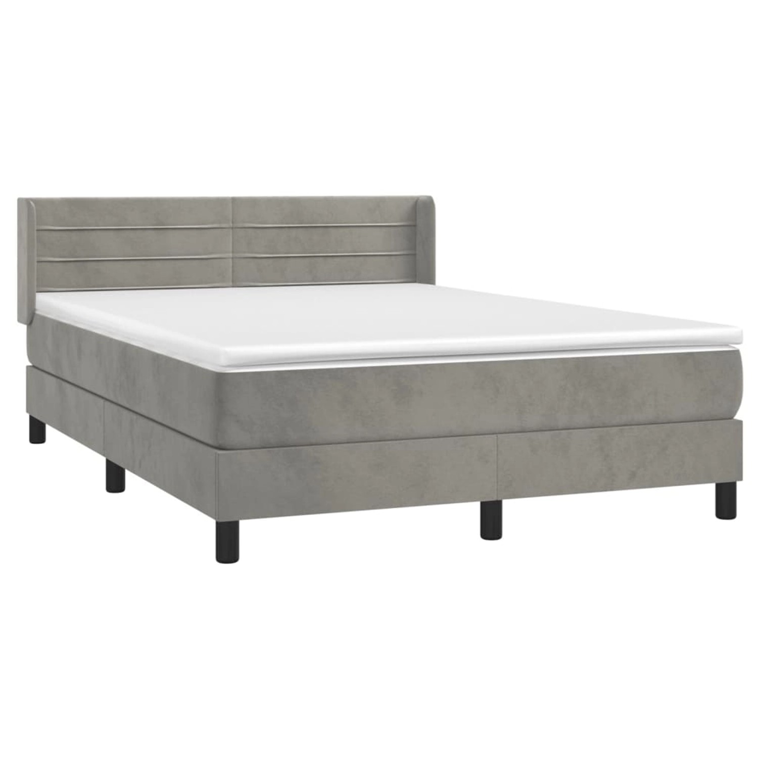 Hellgraues vidaXL Boxspringbett 140x190 cm mit Samtbezug, inklusive Matratze und Topper.