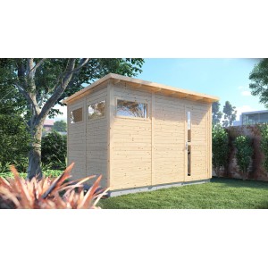 Bertilo Gartenhaus Pentus 3 aus Naturholz (234x337cm) im Garten.