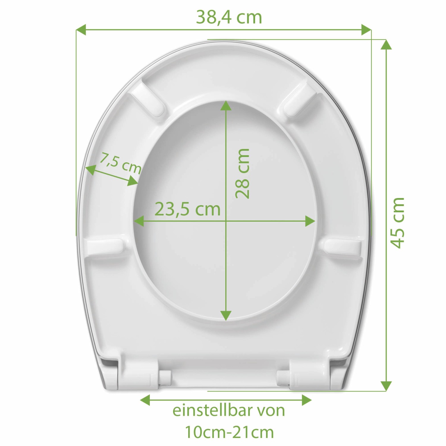 Weißer Premium WC-Sitz mit Absenkautomatik und Golfball Motiv, Duroplast, Maße eingezeichnet.