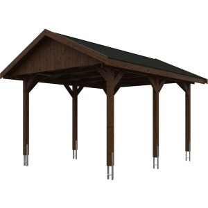 Satteldach-Carport Wallgau in Nussbaum mit schwarzen Dachschindeln, 380x500 cm.