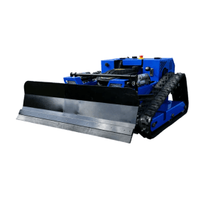 Blauer CARTIWELL CW-500 PLUS ferngesteuerter Rasenmäher mit Kettenantrieb und schwarzem Schneepflug.