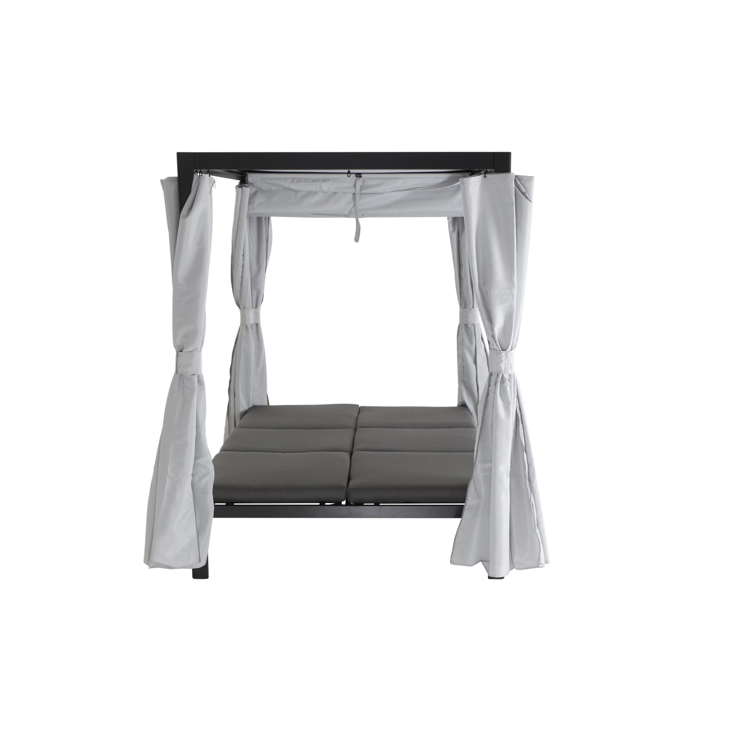 Siena Garden Loungebett Waikiki, anthrazitfarben mit hellgrauen Vorhängen und Dach.