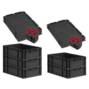 PROREGAL SuperSparSet: 5 schwarze Euroboxen mit Deckel und roten Verschlüssen, 40x60cm, 34 Liter.