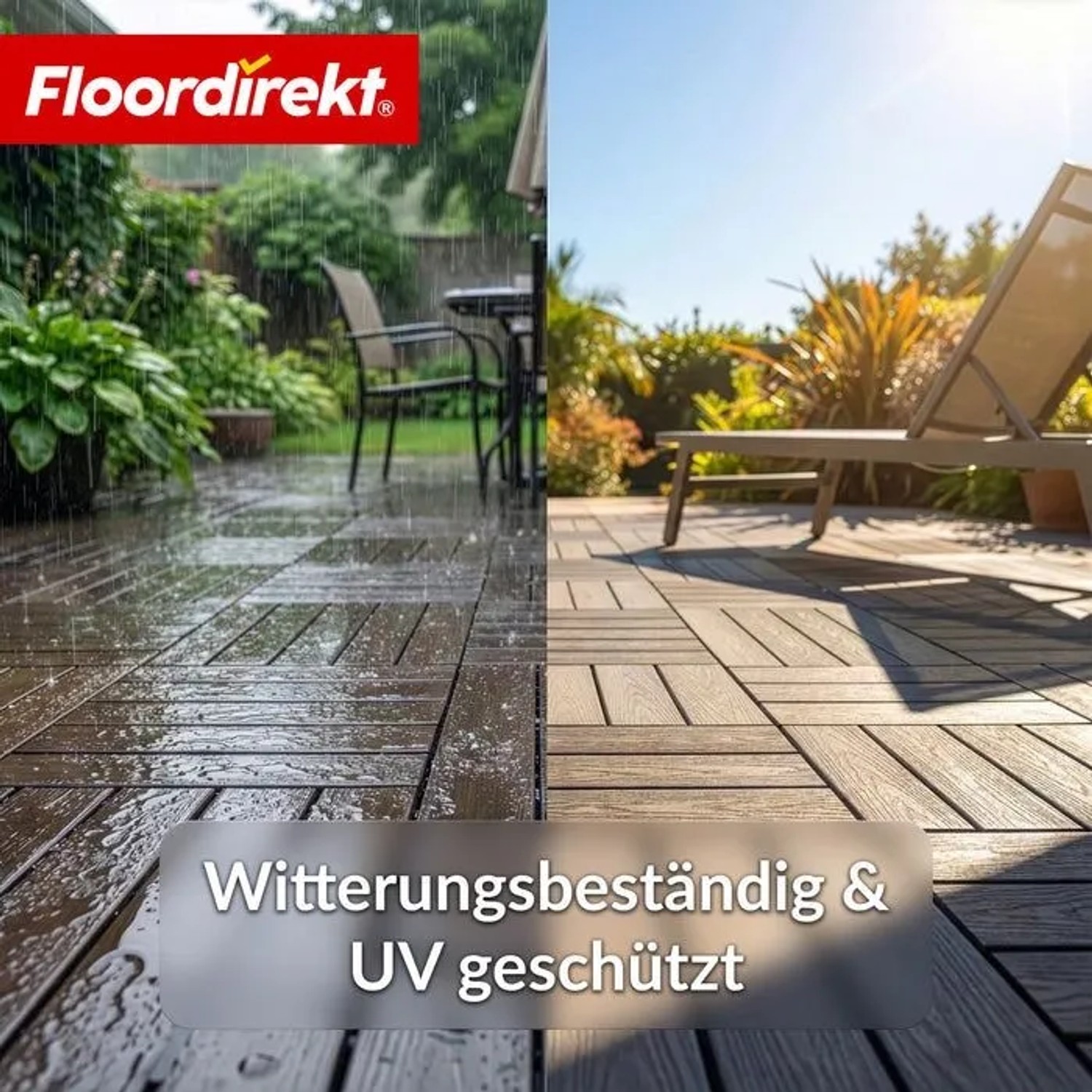 Floordirekt WPC Klickfliesen Noble 3D, braun, 30x30 cm, auf Terrasse verlegt, Hälfte im Regen, Hälfte in Sonne.