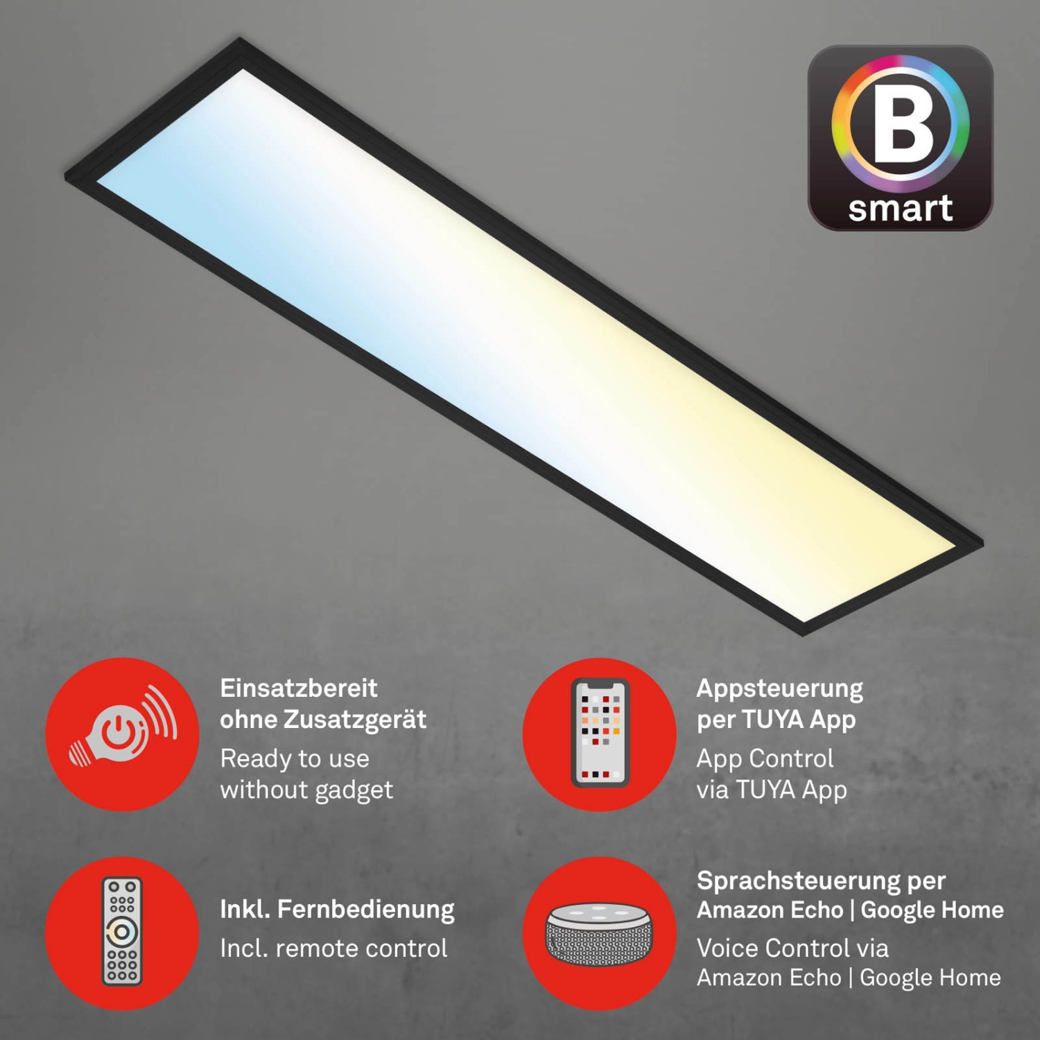Dimmbare Brilo LED-Deckenleuchte Piatto S B-Smart Panel mit schwarzem Rahmen.