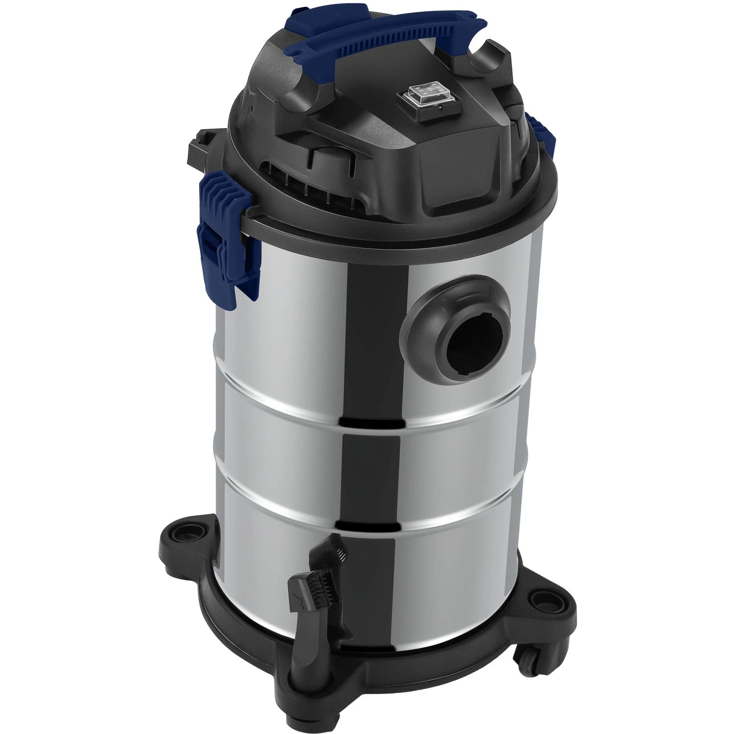 Atrox Nass- und Trockensauger aus Edelstahl mit blauem Griff und Zubehör.