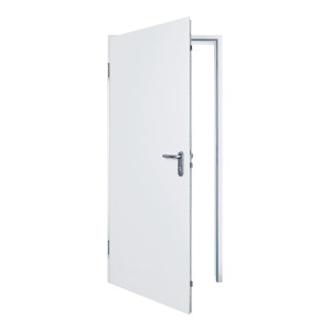 Geöffnete, weiße Hörmann Stahltür mit Eckzarge, DIN links, 87,5x200 cm.