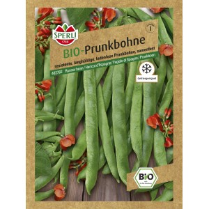 Samenpackung Sperli Prunkbohne Lady Di Bio mit grünen Bohnen und roten Blüten.