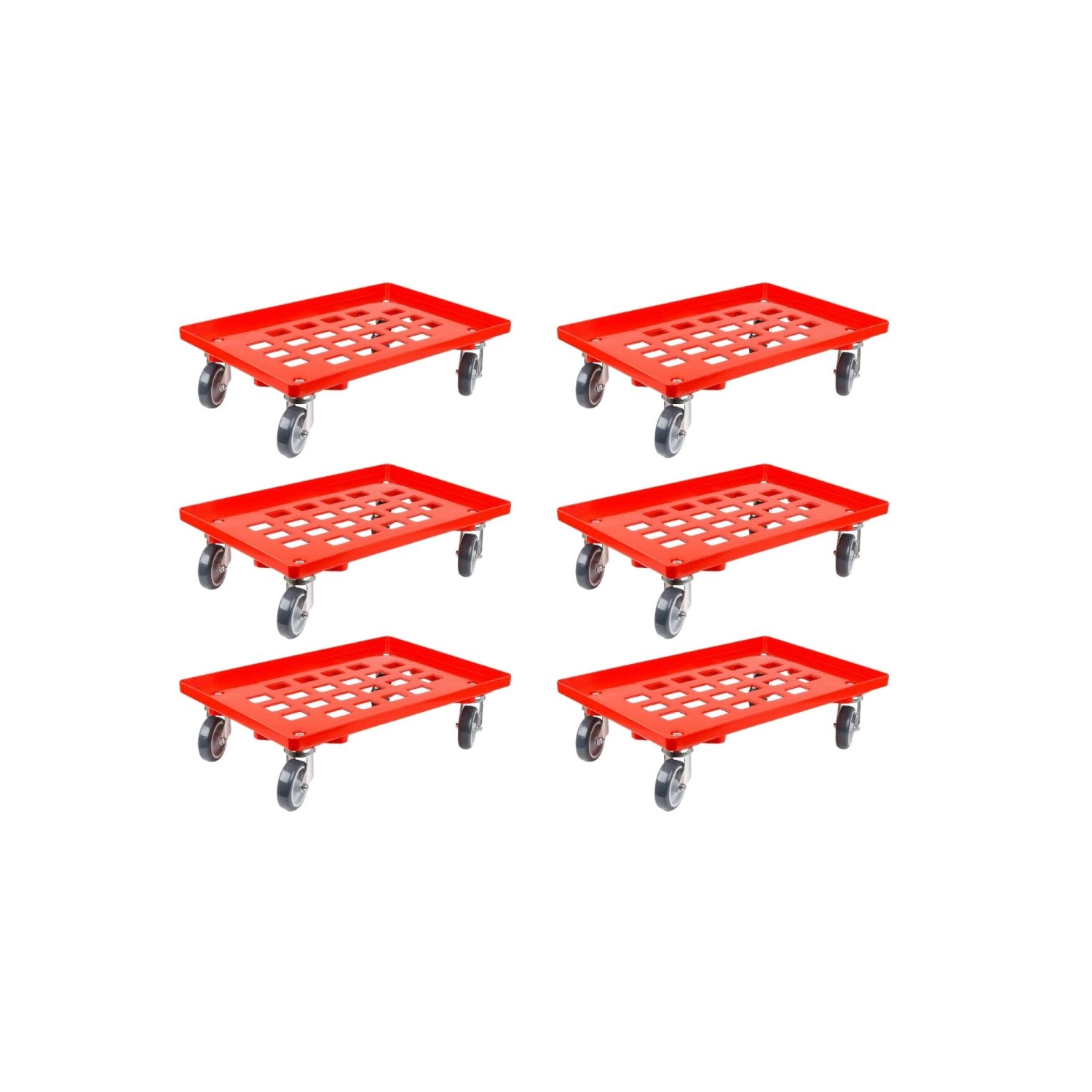 PROREGAL SparSet 6x Transportroller für Euroboxen 60 x 40 cm mit Gummiräder Rot Gitter/Rasterdeck 2 Lenkrollen und 2 Bre