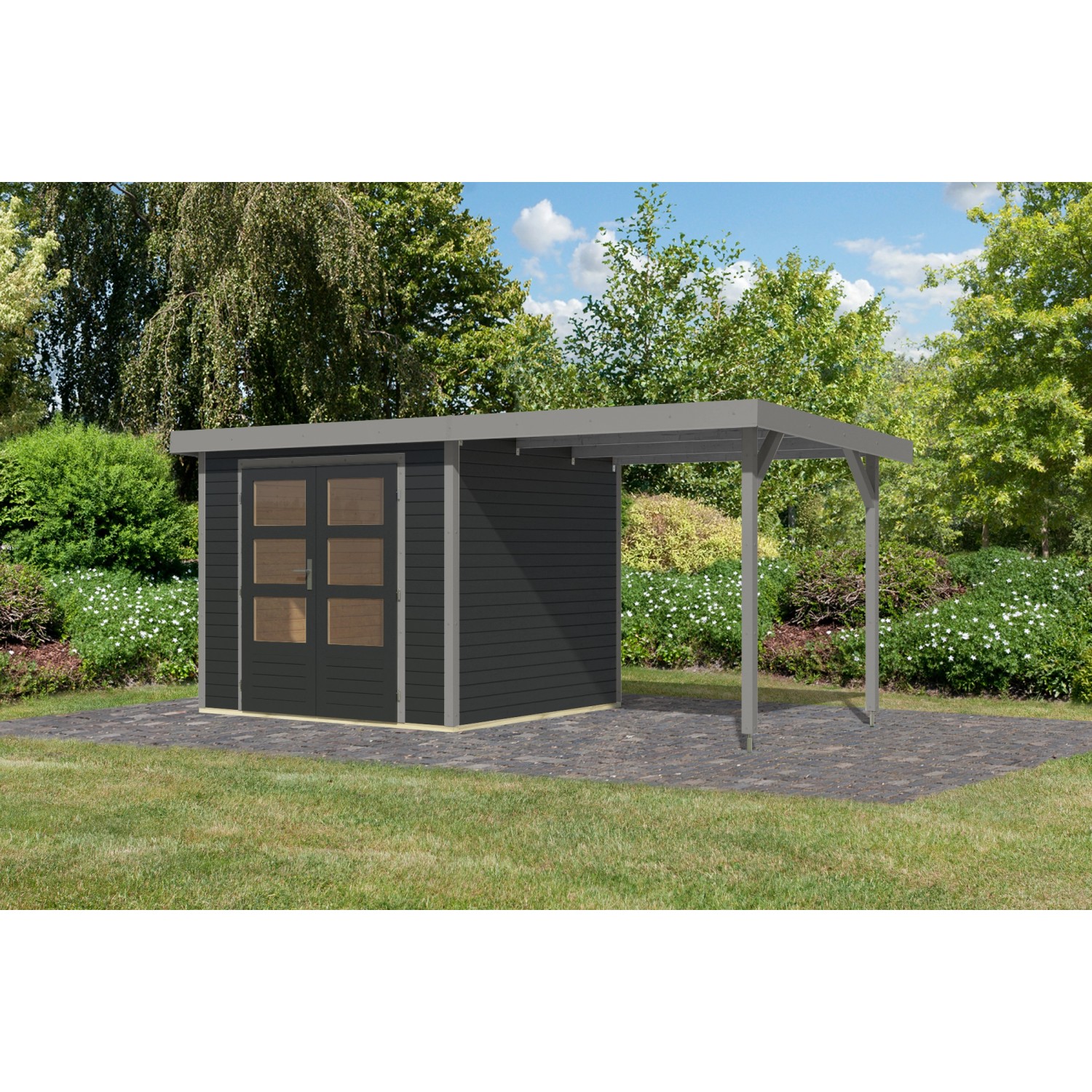 Karibu Gartenhaus Ernesto 3 C m. Anbaudach Anthrazit/Grau 209 x 238 x 213 c günstig online kaufen
