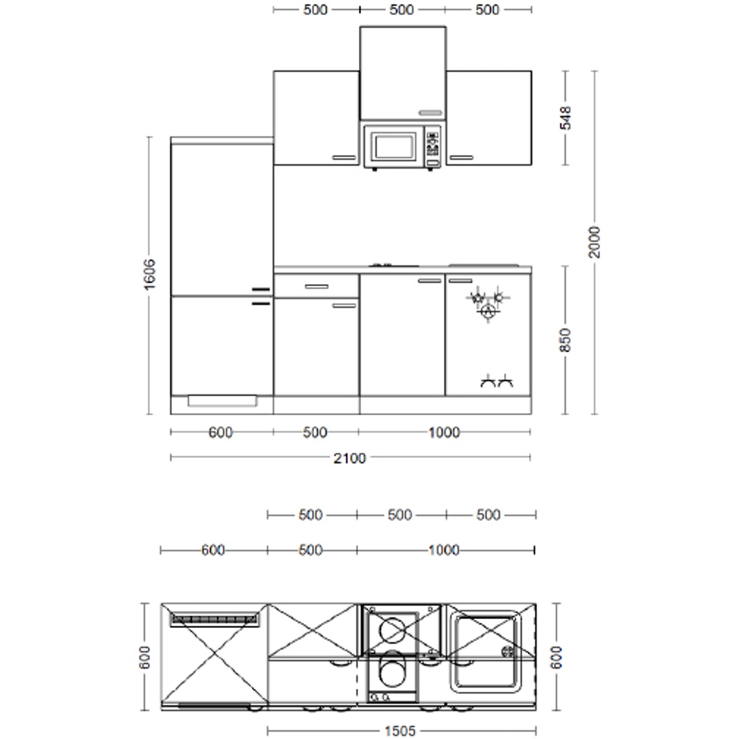Skizze der Flex-Well Exclusiv Küche Cara, 210 cm, Schilfgrün/Artisan Eiche, mit Maßen.