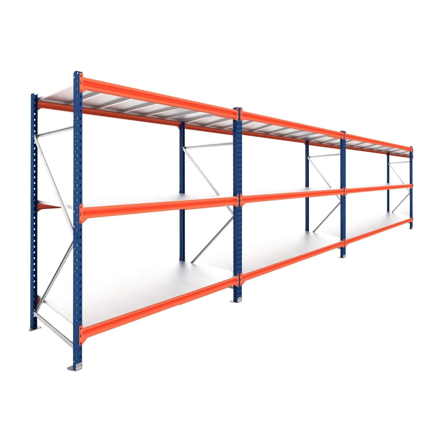 PROREGAL Weitspannregal Schwerlastregal DOMINUS Komplettregal 3 Felder 200x585x80cm 3 Ebenen Stahlplatten-Fachboden Fachlast 350 kg Blau/Orange