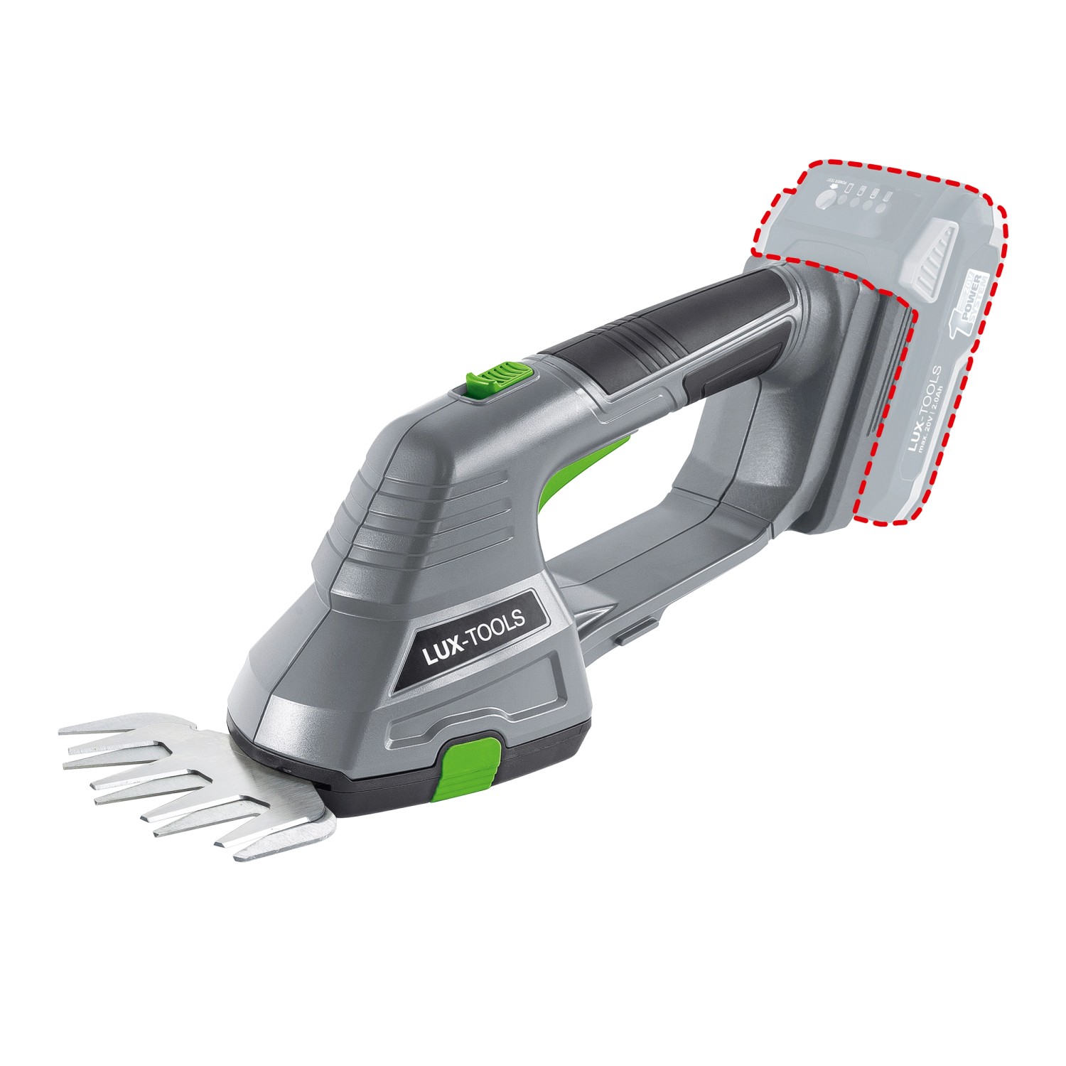 LUX Akku-Gras- und Strauchschere A-GS-20/20 mit Grasscheren-Aufsatz, Akku nicht enthalten.