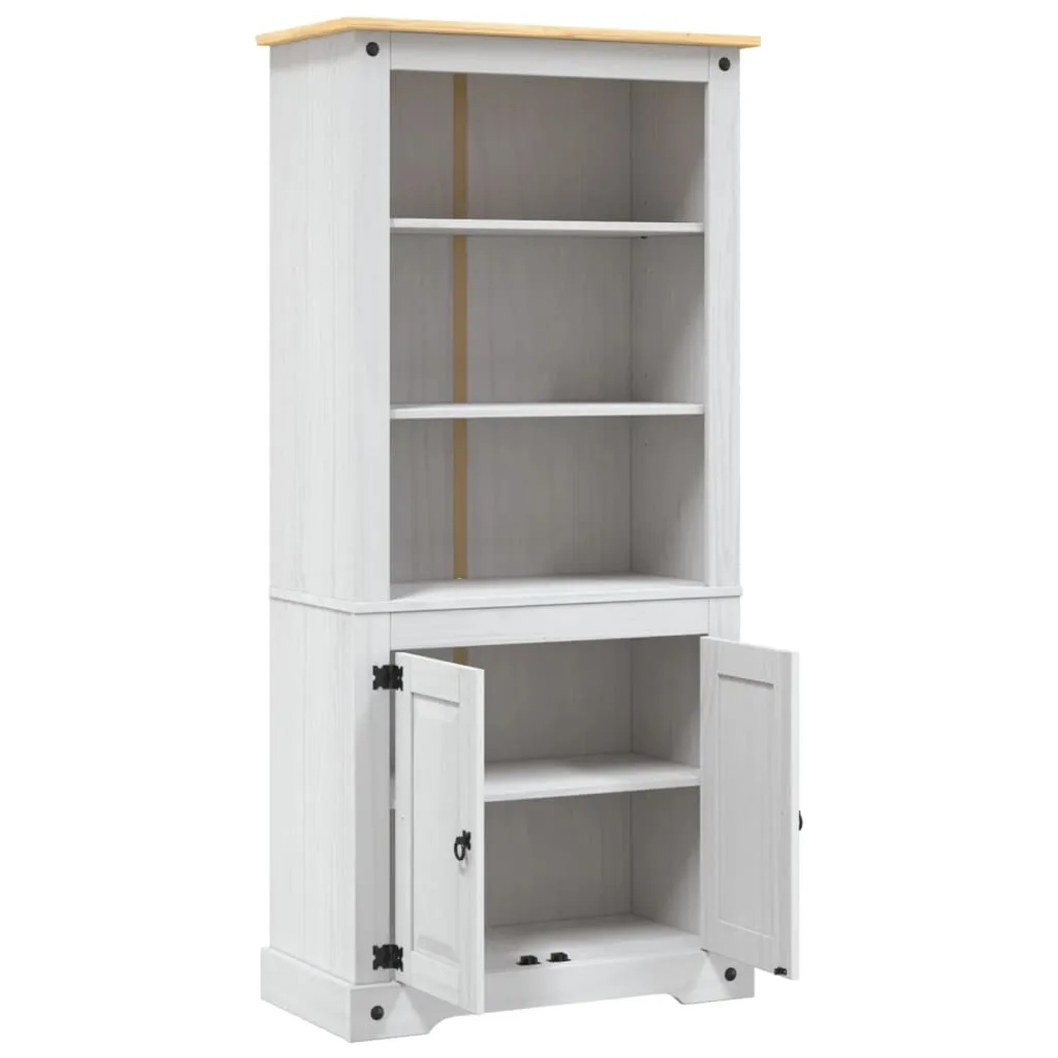 Weißer Buffetschrank im Mexiko-Stil aus Kiefernholz mit Regalfächern und Schrank.