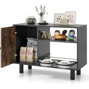 Costway Hunde Futterschrank mit 2 Edelstahlnäpfen Braun
