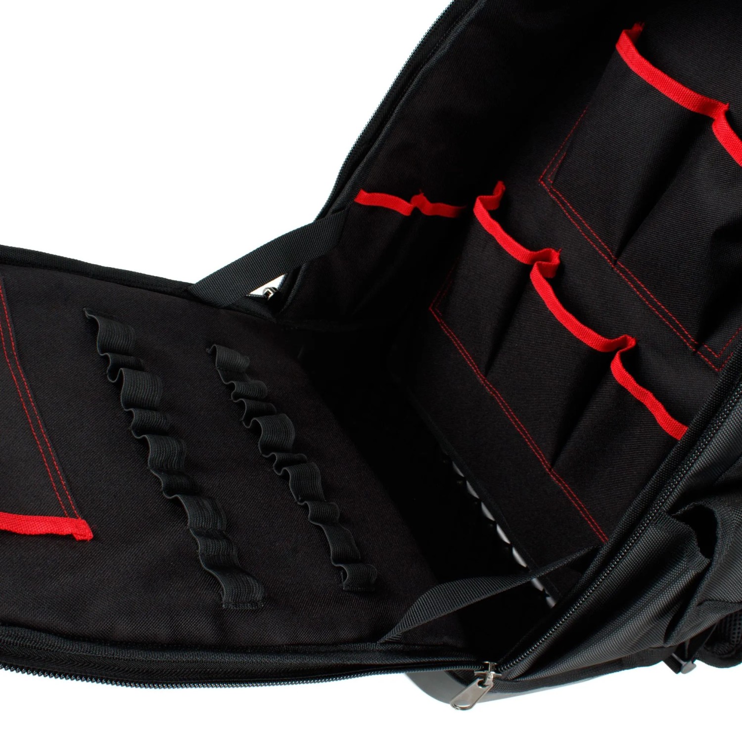 Offene Mephisto Werkzeugtasche Rucksack Dragon mit vielen Fächern und roter Naht.