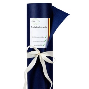 Dunkelblaue Sensalux Vlies-Tischdeckenrolle, 1,5 m x 25 m, mit weißem Band umwickelt.