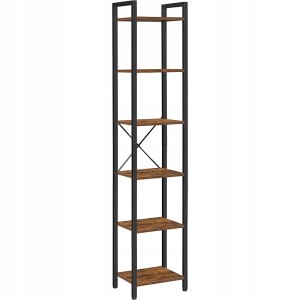 Hohes, schmales Rebiko Bücherregal im Industrial-Stil mit 6 rustikalen Holzoptik-Ablagen und schwarzem Metallrahmen.