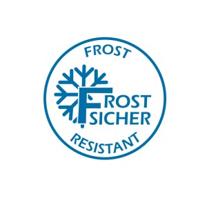 Blaues Logo: Schneeflocke, Schriftzug "FROST SICHER" und "FROST RESISTANT".