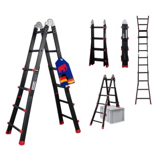 PROREGAL Sprossen-Mehrzweckleiter APOLLO 3-In-1 Aluminiumleiter 4x4 Sprossen Bis Zu 4 M Höhe 150 kg Traglast Schwarz Klappleiter Stehleiter