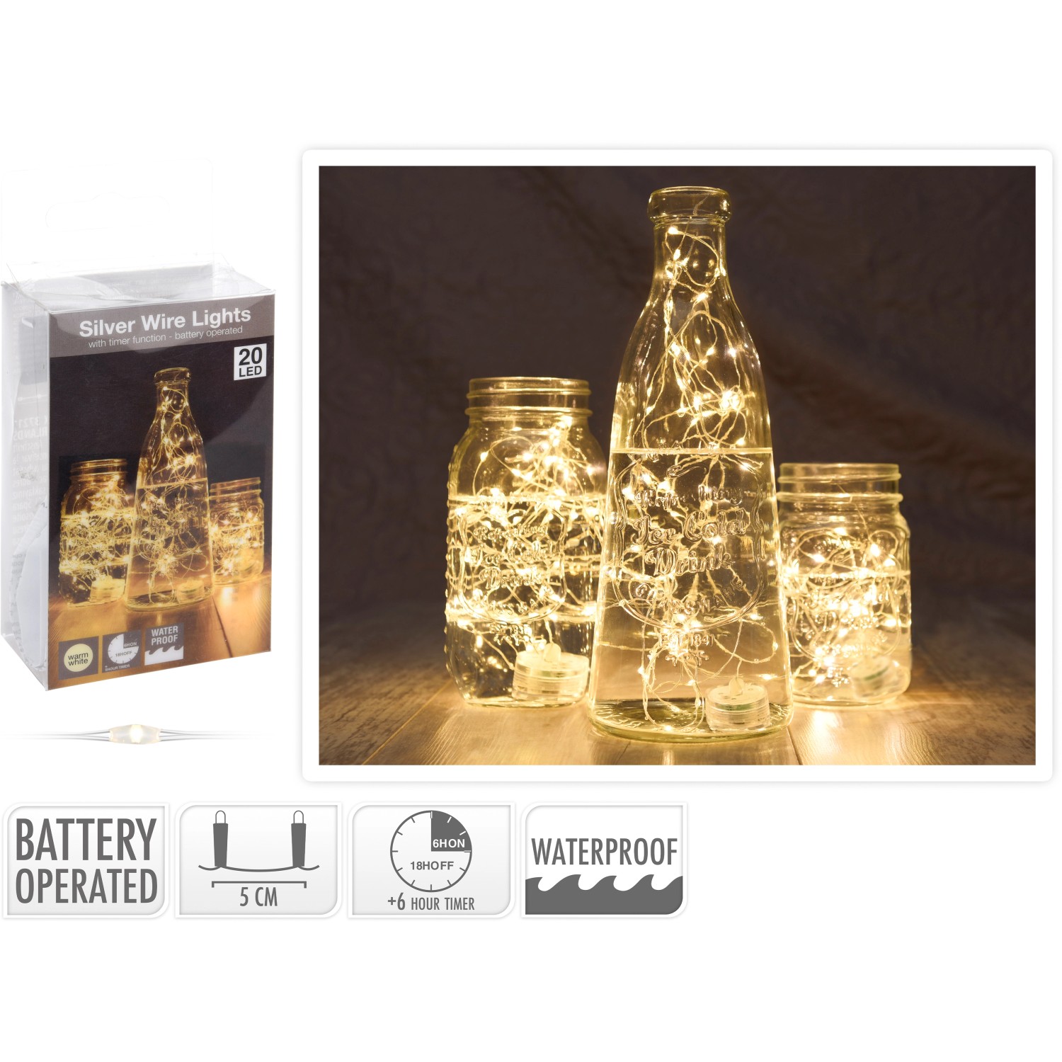 LED-Lichterkette 20 warmweiße LEDs Silberdraht wasserdicht batteriebetrieb