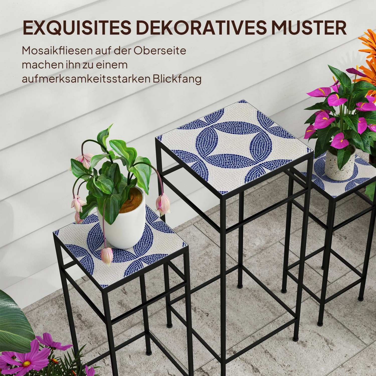 Outsunny Blumenständer Set mit blau-weißem Mosaikmuster, 3 Größen.