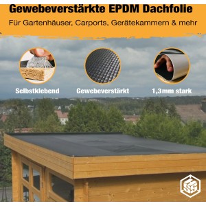 HSS EPDM Dachfolie EasyStick 5 m² auf Gartenhausdach, Details zu selbstklebend, gewebeverstärkt und 1,3 mm Stärke.