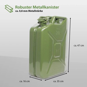 Olivgrüner 20L Metall Benzinkanister/Dieselkanister mit Ausgießer und Halterung.