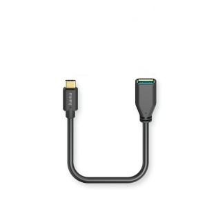 Schwarzes Hama USB-Adapterkabel: USB-C Stecker auf USB-A Buchse, OTG-fähig, 15 cm kurz.
