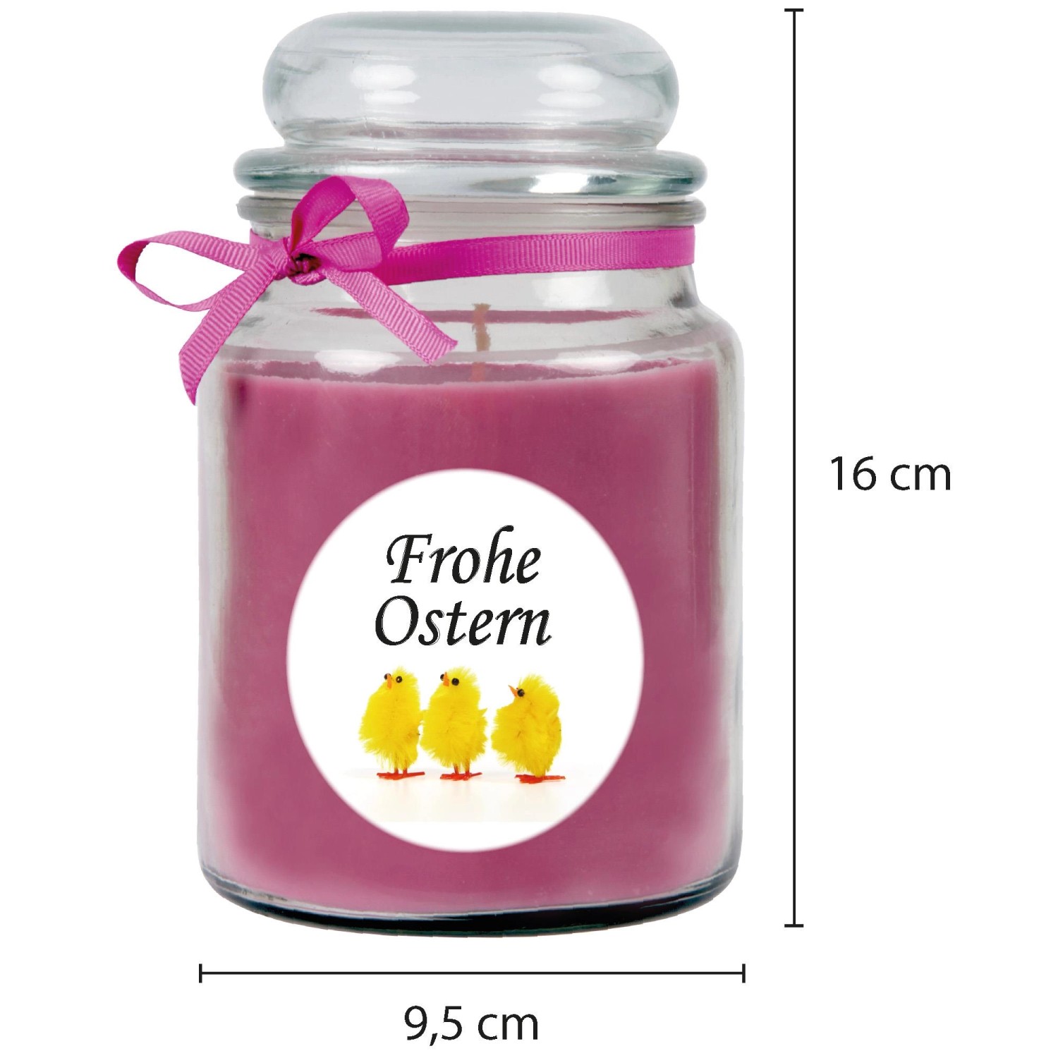 Duftkerze Lavendel im Glas mit Küken-Motiv und "Frohe Ostern" Schriftzug, rosa Schleife.