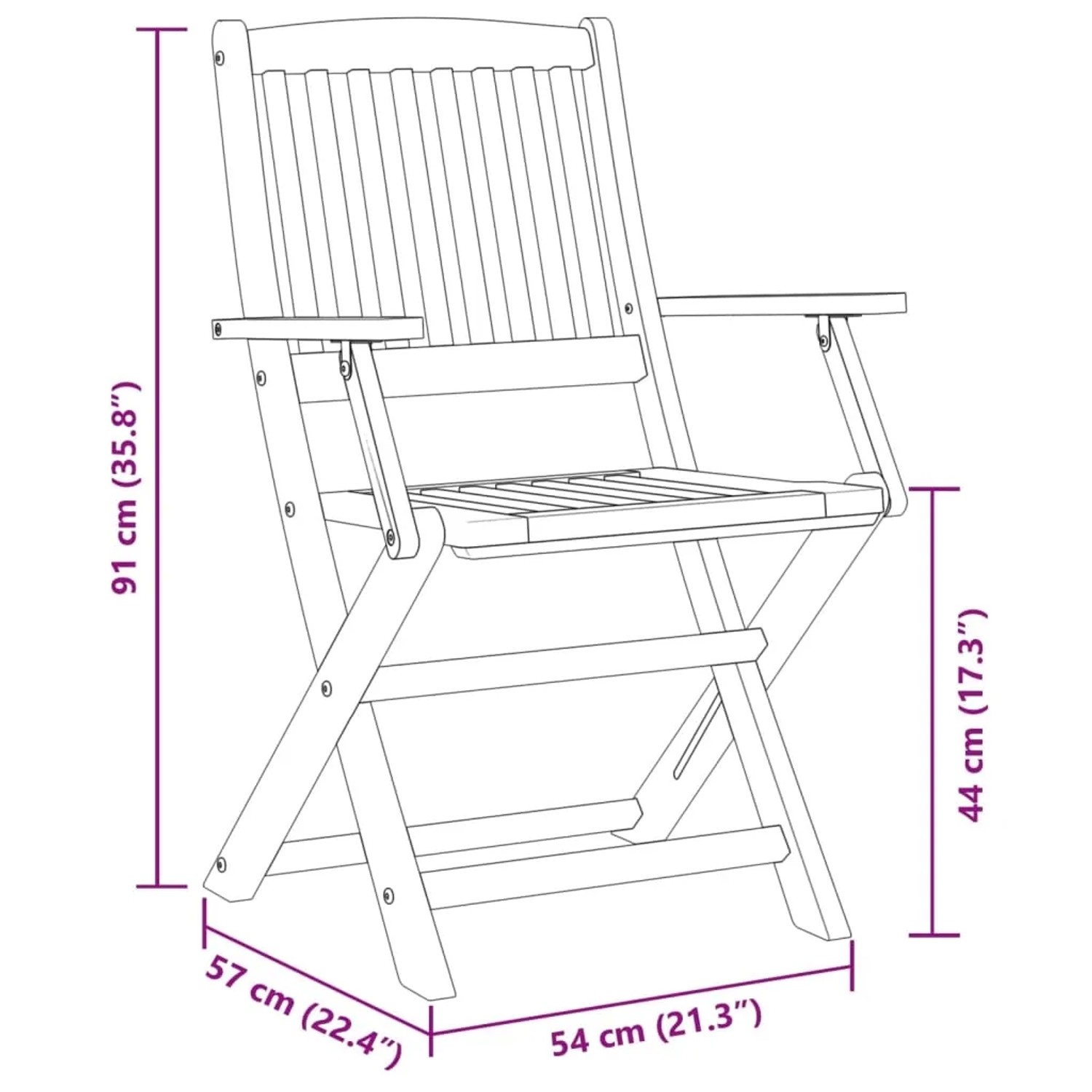Skizze eines klappbaren Bistrostuhls aus Akazienholz mit Maßangaben, Teil eines 3-tlg. Gartenmöbel-Sets.