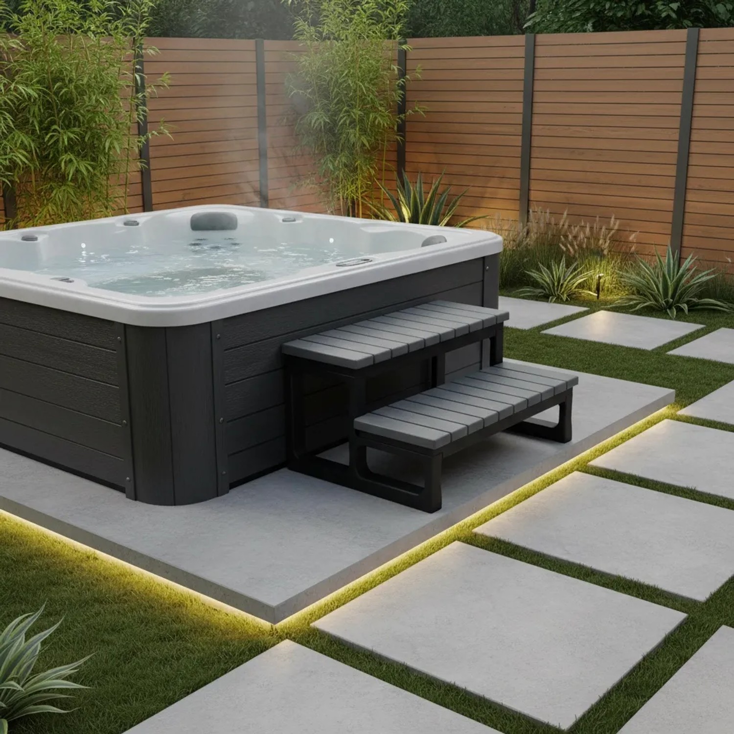 Jet-Line Einstiegstreppe für Outdoor Whirlpool, 2 Stufen, schwarz-anthrazit, aus Polypropylen im Garten.